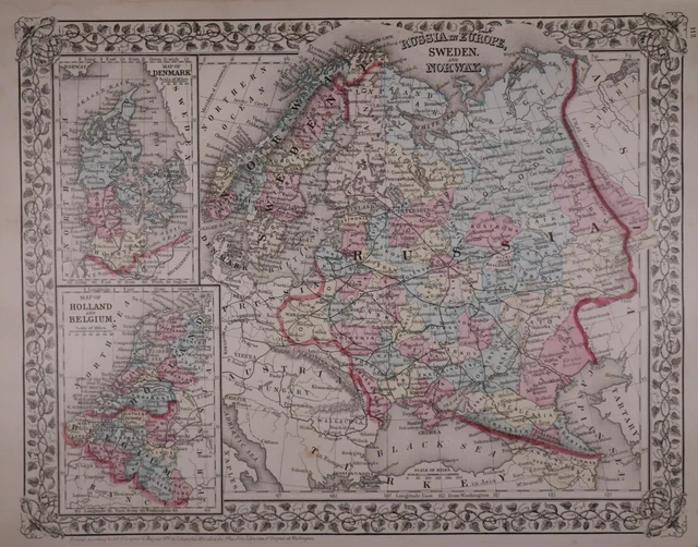 Authentic 1878 Mitchell's Atlas Map ~ HOLLAND, BELGIUM, RUSSIA ~ FreeS&H
