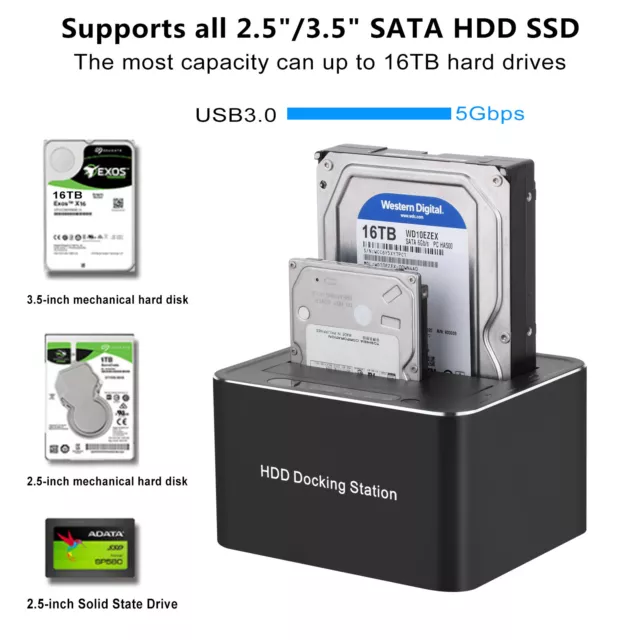USB 3.0 to Dual SATA Hard Drive Dock Station for 2.5/3.5 Inches HDD SSD Clone