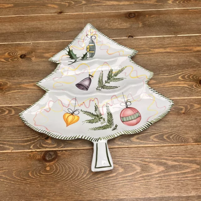 Italian Pottery Christmas Tree Shaped Hand Painted 3 Section Serving Platter