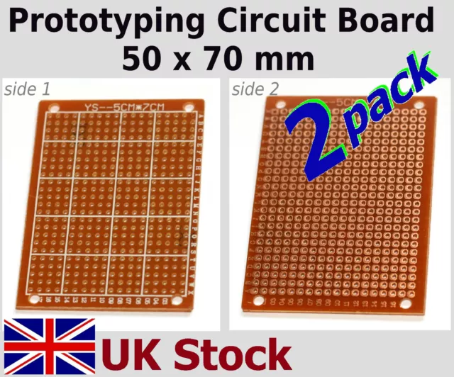 2x Prototyping Circuit Board. 50 x 70mm DIY Prototype Matrix Stripboard PCB - UK