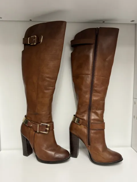 ALDO TALL BOOTS Brown Saddle Classic Elegant Chic Heel Size LEATHER ...