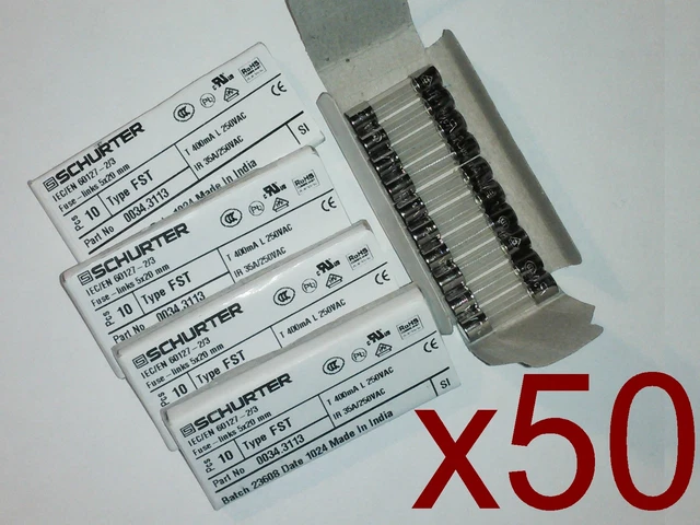 Lot 50 fusibles 400mA Temporisé 5x20mm SCHURTER