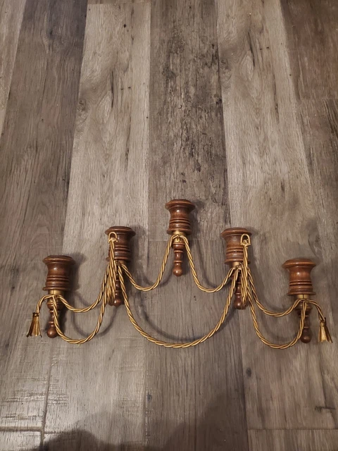 Vintage Home Interior Wood Twisted  Gold 5 Arm Candle Wall Sconce