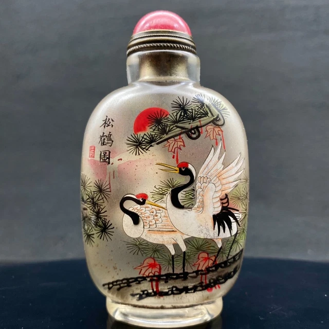 noble china Coloured glaze hand inside painting red-crowned crane Snuff Bottle