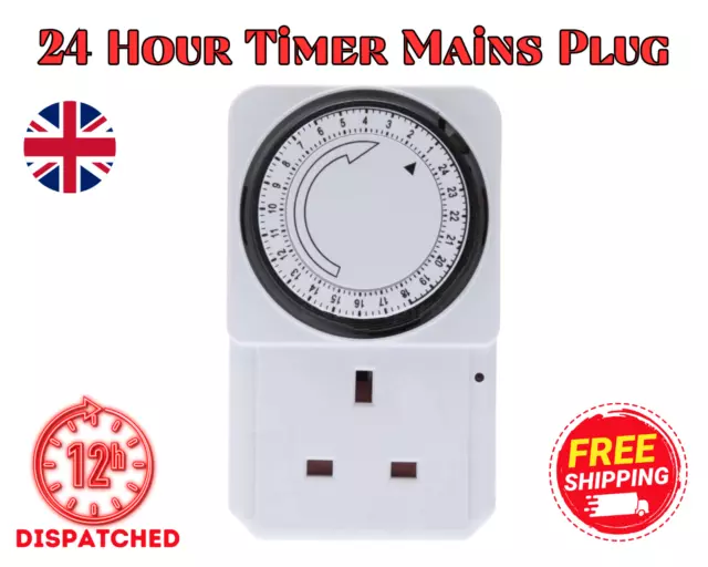 24 Hour Timer Mains Plug In with LED Indicator for Lamps and Lights UK 3 Pin