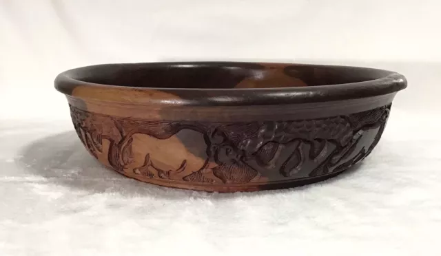 Large African Ebony Wood Bowl Hand Carved Safari Rhino Elephant Lion Leopard 13”