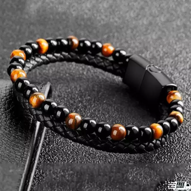 Men Leather Braided Bracelet Natural Obsidian Tiger's Eye Stone Bracelet Bangle