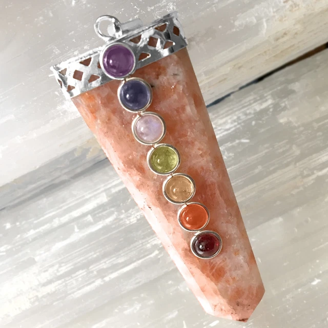 Sunstone 7 Chakra Pendant Crystal Point Silver Necklace Reiki Energy Heal CHARGE
