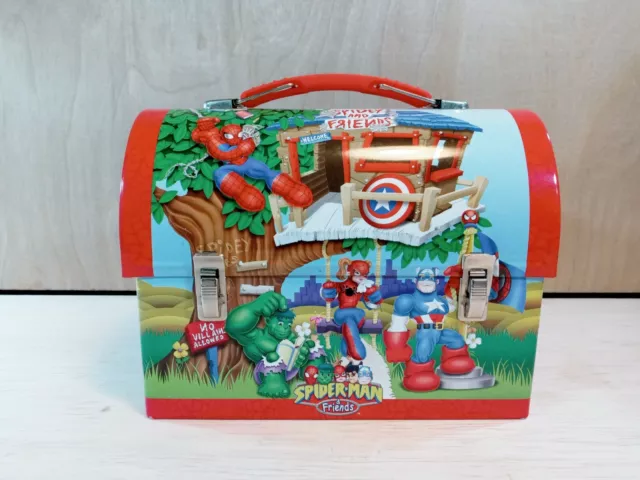 Spiderman & Friends Domed Tin Lunch Box 2003 Marvel Hulk Captain America