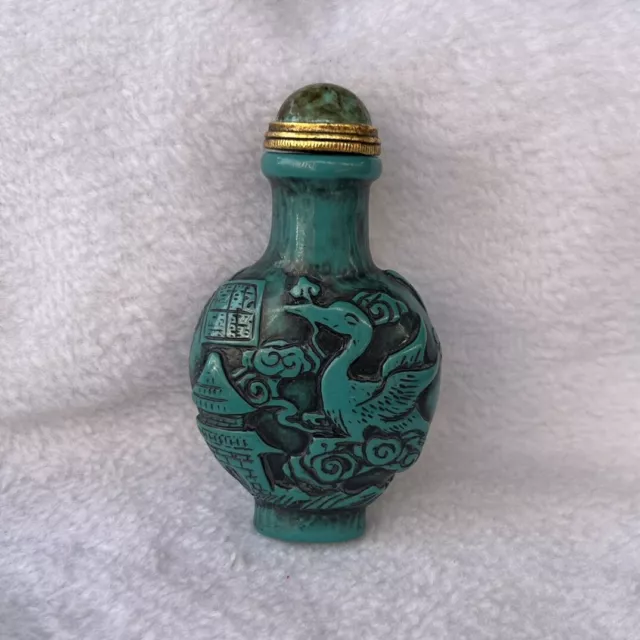 Perfect Chinese Antique Tibetan Turquoise Red-crowned Crane Snuff Bottle B04