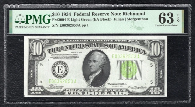 Fr. 2004-E 1934 $10 Lgs Light Green Seal Frn Richmond, Va Pmg Unc-63Epq (C)