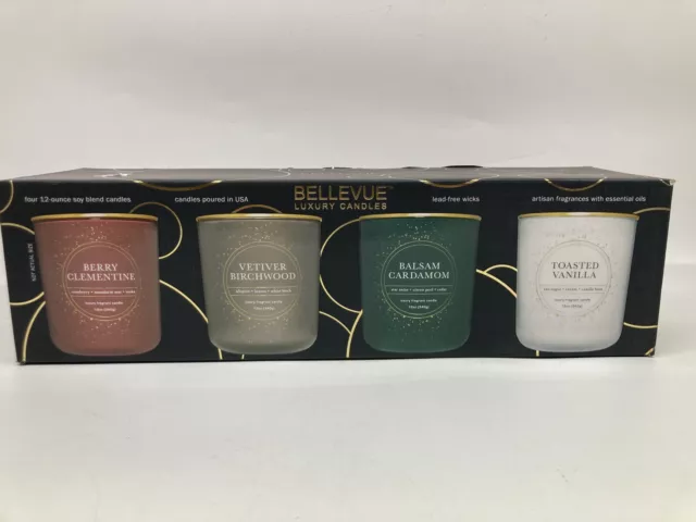 Bellevue Scented Luxury Candles Soy Blend 4Pk Berry Clemintine,Vetiver Birch...