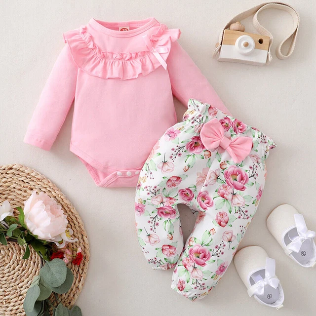 Newborn Baby Girls Clothes Ruffle Romper Bodysuit Tops Floral Pants Outfit Set 6