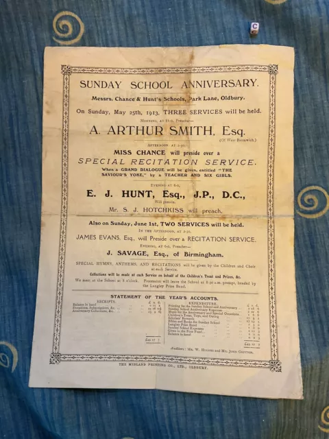 rare programme , chance and hunt school , oldbury , 1913