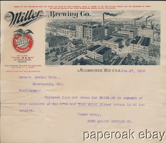 1903 Fred Miller Brewing Company Milwaukee Letter About Hops