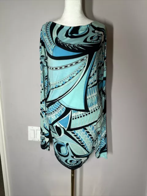 EUC Emilio Pucci Knit Geo Pattern Long Sleeve Dress Size 6 Blue Stretch Jersey