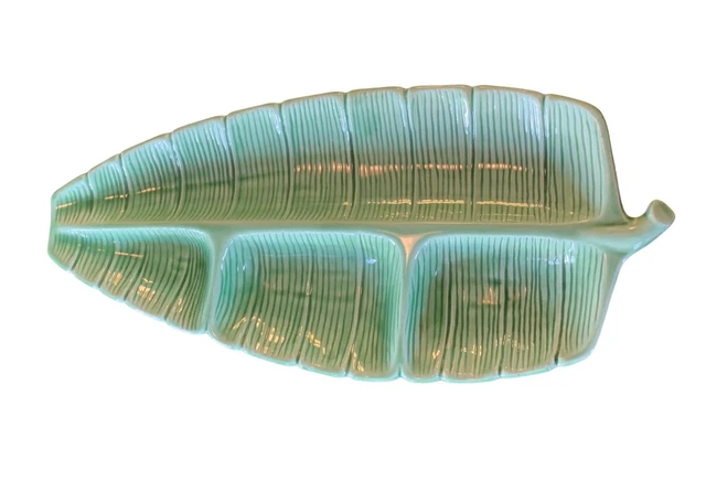 VTG Miramar of Calif 343 USA Pottery Green Banana Leaf Divided Serving Dish MCM