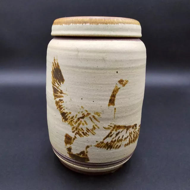 Studio Art Pottery Canister Flying Duck Goose Covered Jar Stoneware Signed VTG