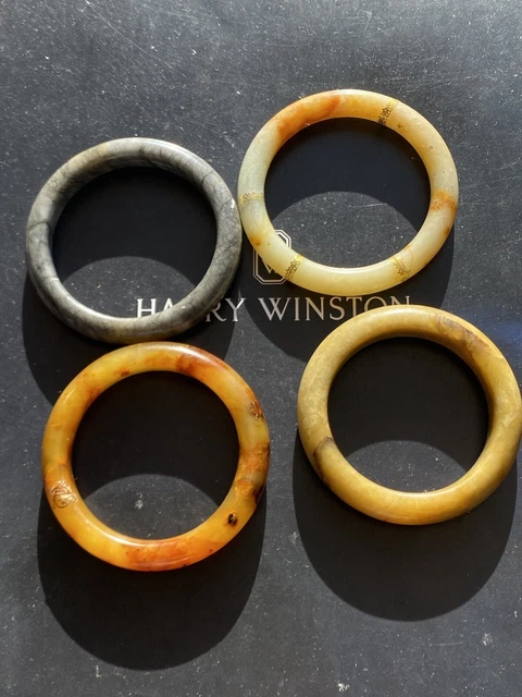 Joblot Of Four Hand Carved Black&Yellow Russet Translucent Natural Jade Bangles