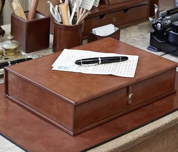 Box File With Document Clip Paperwork Desk Storage Folder A4 Leather Brown
