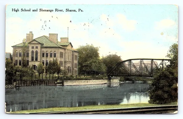 Postcard Shenango River and High School Sharon Pennsylvania PA c.1910
