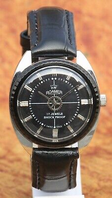 Antique Roamer Vintage FHF ST96 17 Jewels Swiss Hand Wind Men's Black Wristwatch