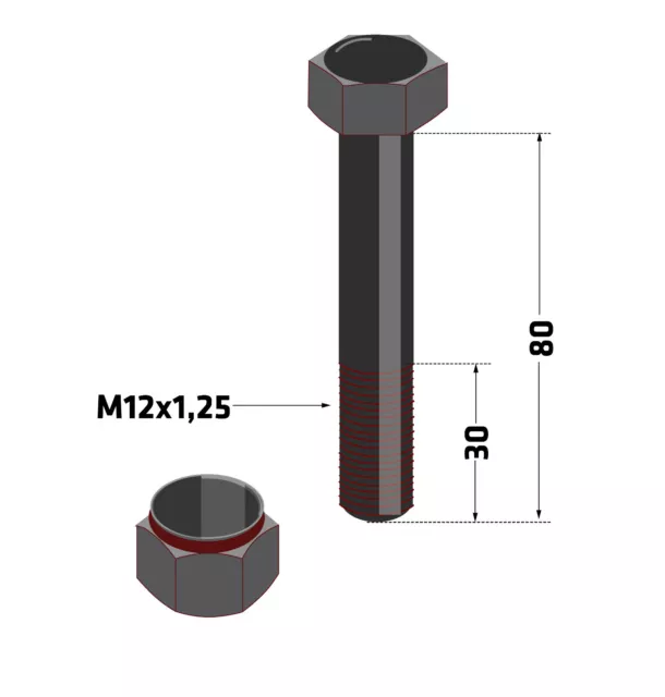 Mulcher Schraube mit mutter (12mm) M12x80x1.25 10.9  für GEO AGL EFG FL EF FCN