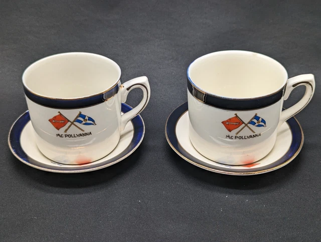 Pair of Alfred Meakin Bleu De Roi Cup and Saucer with M/C Pollyanna emblem