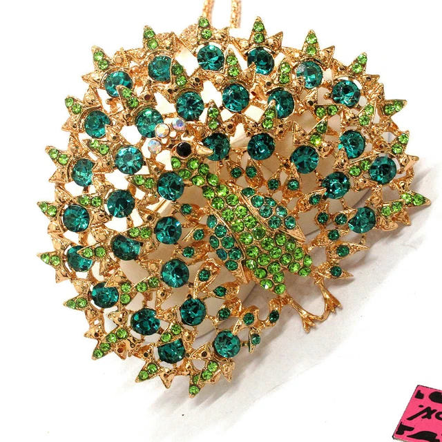 New Betsey Johnson Green Crystal Bling Peacock Animal Pendant Chain Necklace 2