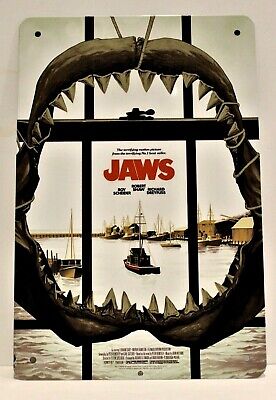 Jaws Tin Sign Vintage Style Movie Poster Ad Home Theater Quints Shark Fishing 1