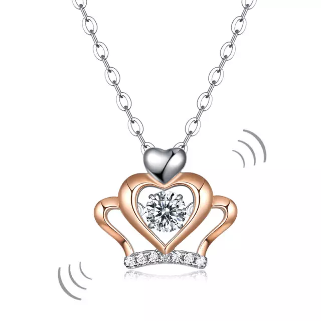 0.3 Ct Moissanite Diamond Dancing Stone Heart Crown Necklace 925 Sterling Silver
