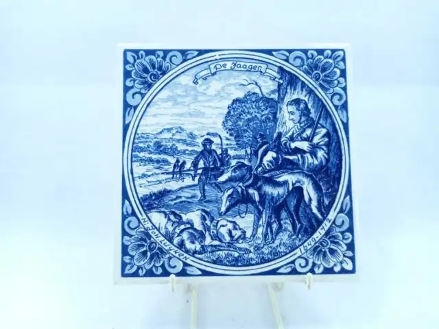 Vintage Dutch Delft Blauw Holland Tile Hand Painted Blue White hunter