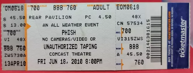 USED PHISH Concert Ticket Stub Comcast Center Fri June 18 2010 massachusetts