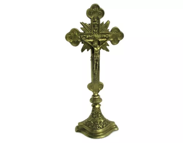 French Standing Altar Church Chapel Crucifix Cross Ornate Brass fleur de Lis Bea