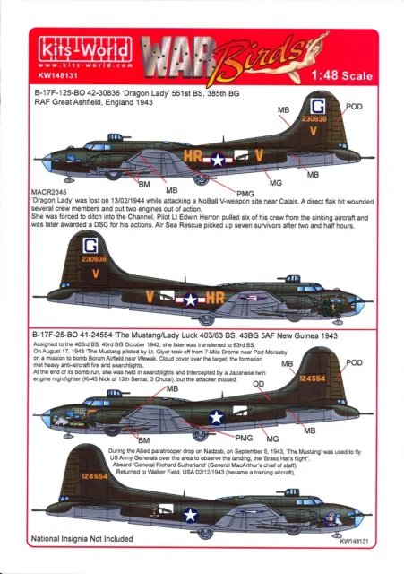 Kits World Decals 1/48 B-17F FLYING FORTRESS Dragon Lady & Lady Luck