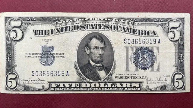 1934 D Five Dollar Silver Certificate $5 Bill Blue Seal Note Circulated #59019