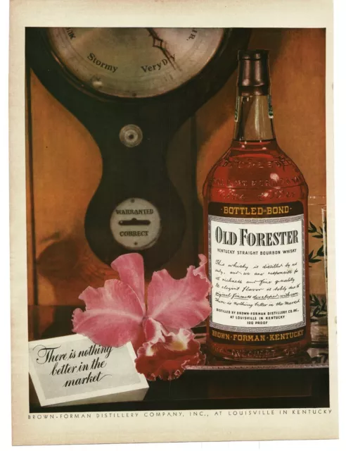 1943 Old Forester Bourbon Whisky Wall Barometer Pink Flower Vintage Print Ad