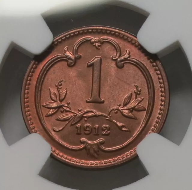 AUSTRIA HUNGARY Empire 1 Heller 1912 NGC MS 66 RB UNC Red bronze Eagle #047