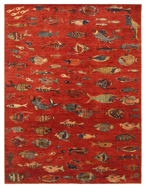 5 x 7 ft Red Fish Gabbeh Afghan Hand Knotted Wool Tribal Area Rug