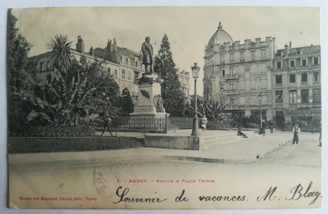 CPA Nancy, Statue et Place Thiers Voyager 1904