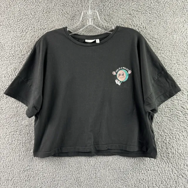 Womens Asos Design Size UK 8 Black Melon Embroidered Crop T Shirt Top