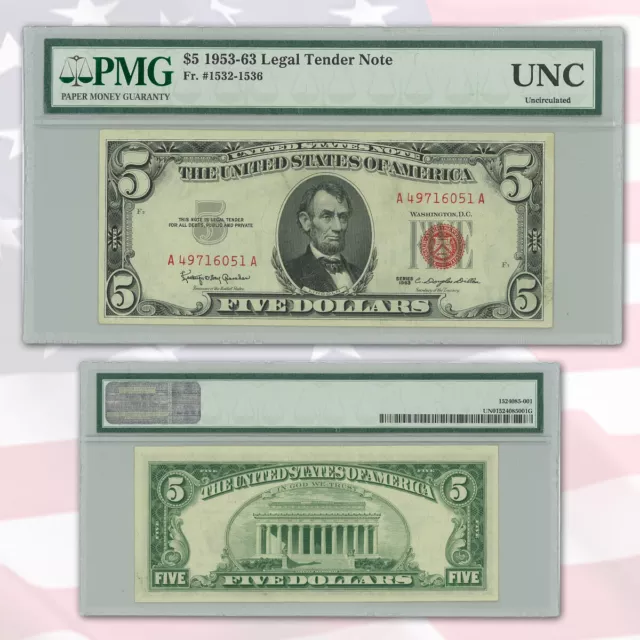 1963 $5 Legal Tender Red Seal Pmg Certified Uncirculated