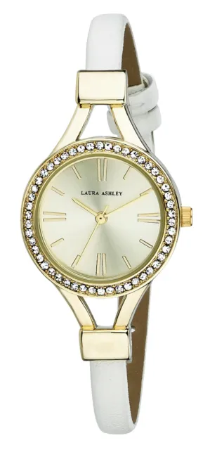 Laura Ashley Ladies White Thin Strap Crystal Bezel Watch Comes in a Gift Box