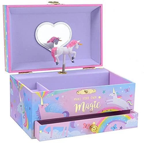Girl's Musical Jewelry Storage Box with Pullout Drawer, Cotton Candy Unicorn