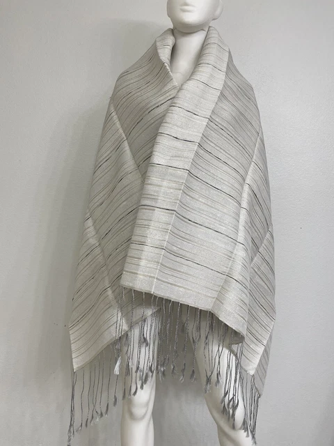 Vintage Designer Silver Gray Raw Silk Shawl Scarf XL 48 x 72 Inches Unworn