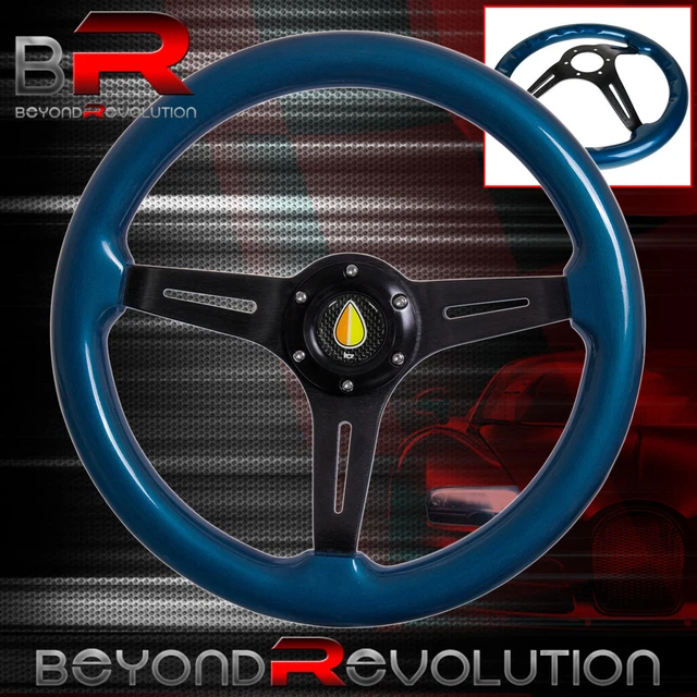 Deep Dish Steering Wheel Black Aluminum Center Blue Wood + Fukushi Horn Button