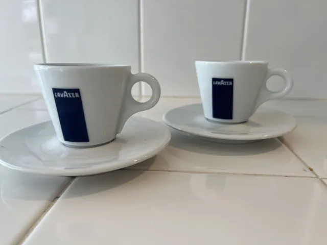 PAIR 2 LAVAZZA ESPRESSO DEMITASSE WHITE CERAMIC CUPS & SAUCERS MADE In ITALY