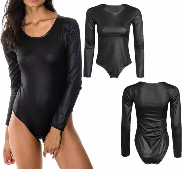 Womens Wet Look Long Sleeve Bodysuit Ladies PVC Shiny Gymnastic Leotard Top