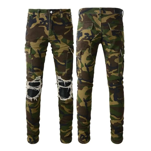 Mens Ripped Slim Camouflage Jeans Army Style Stretch Frayed PU Patch Biker Pants