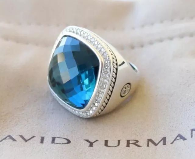 David Yurman Sterling Silver 20mm Albion Ring Hampton Blue Topaz & Diamonds 6.75